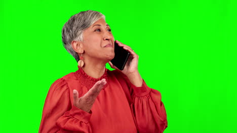 Phone-call,-happy-and-mature-woman-on-green-screen