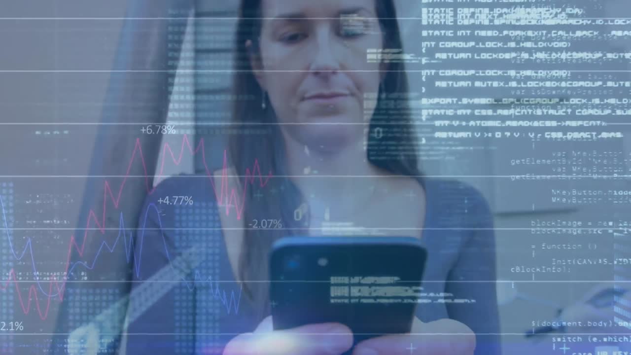 Animation of financial data processing over caucasian woman using smartphone