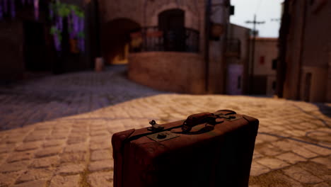 vintage suitcase on a cobblestone street in a medieval town