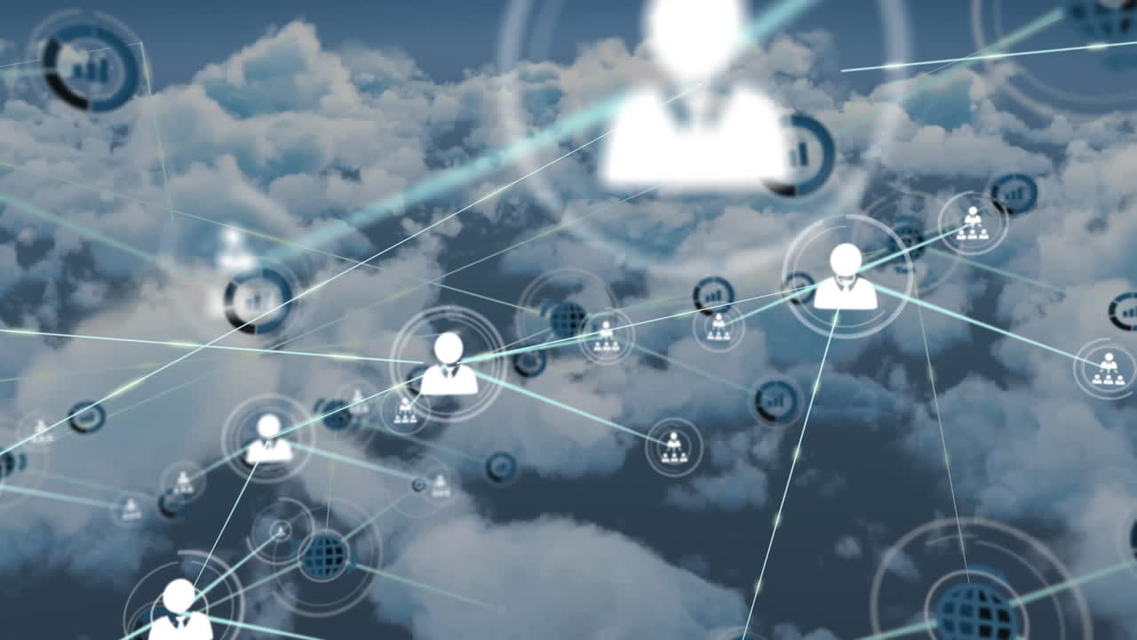 animación de la red de conexiones con iconos sobre nubes