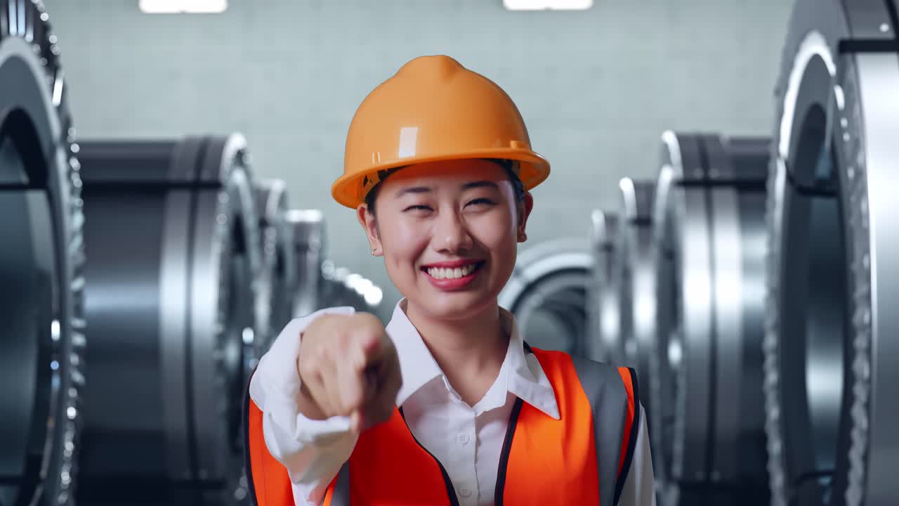 안전 헬을 입은 아시아 여성 엔지니어가 웃으며 가을 만지며 금속 공장에서 서서 당신을 가리키고 있습니다.