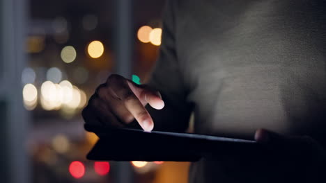 office, tablet and hands of business man at night