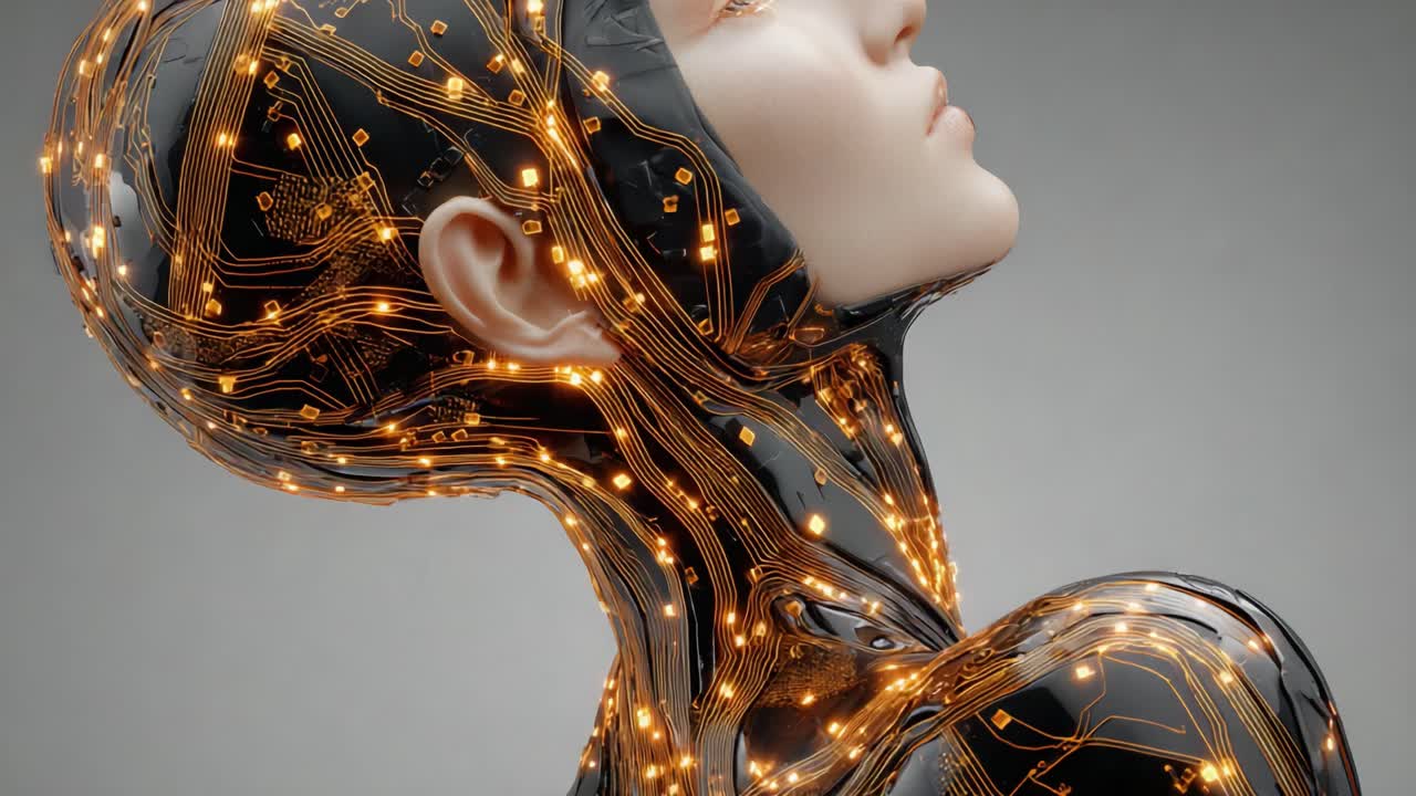 Futuristic Cybernetic Figure with Intricate Circuitry and Glowing Elements, Capturing a Blend of Technology and Artistry in a Stunning Portrait