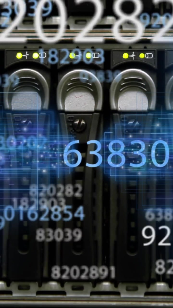 Animation of neon shapes and data processing over server room