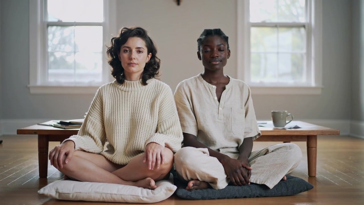 Camera pushing in, two women sitting on cushions shifting posture, smiling in casual wear with mug