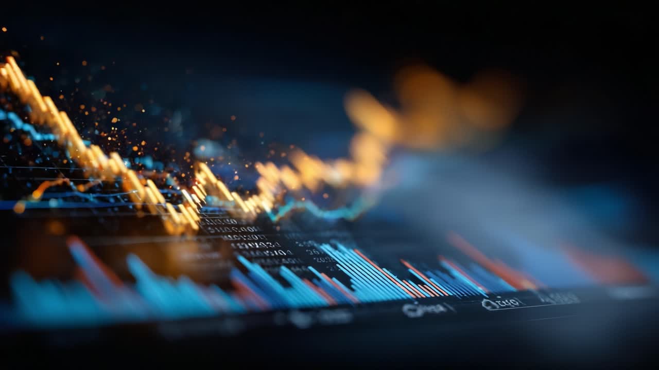 Dynamic Visualization of Financial Data with Fluctuating Charts and Glittering Indicators, Showcasing Market Trends and Analyzing Economic Performance
