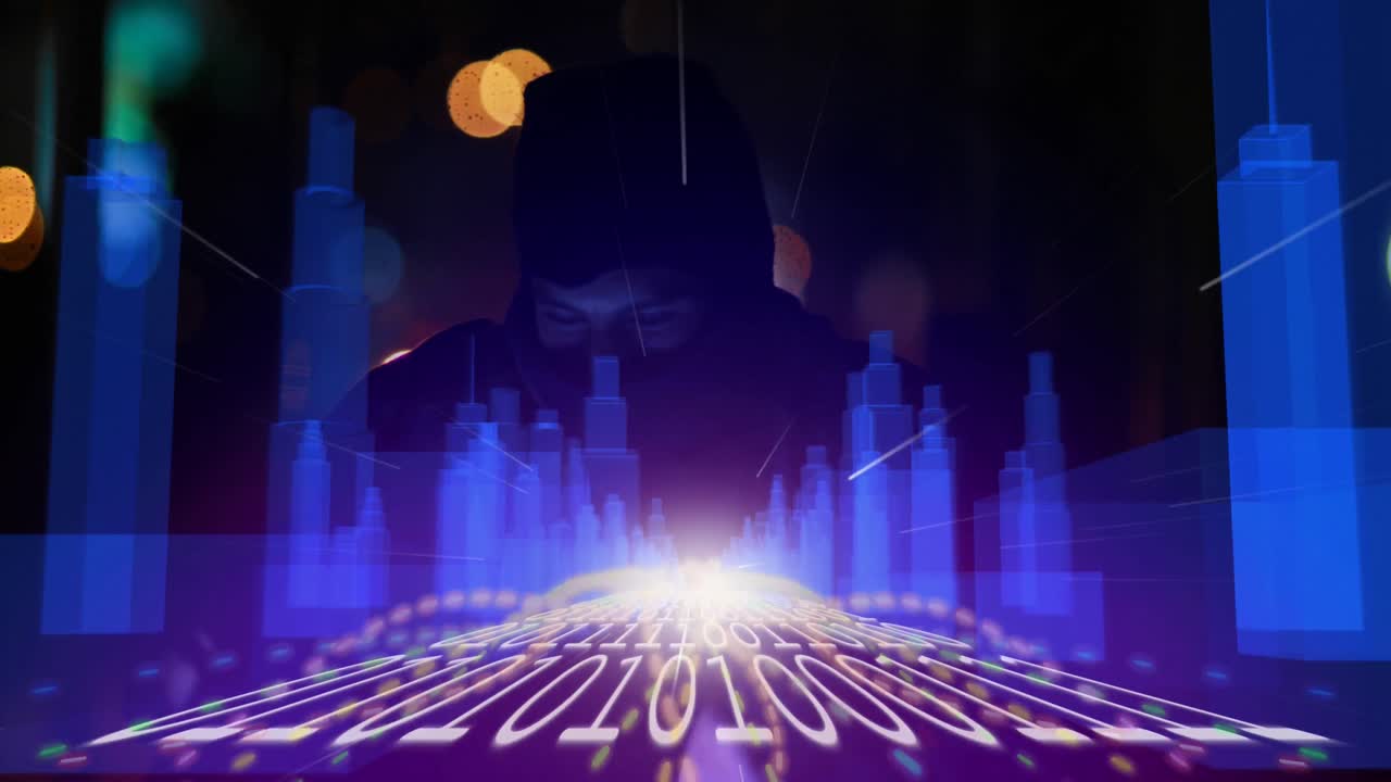 3d 도시 모델이 바이너리 코딩을 통해 노트북을 사용하는 남성 해커와 대결합니다.