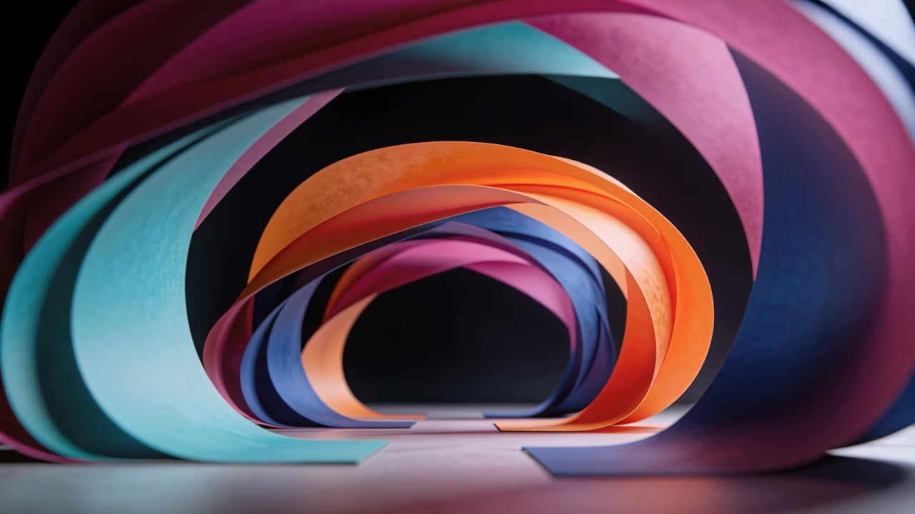 Dollying camera forward on tabletop, revealing layered paper arches, floor tiles and dark aperture