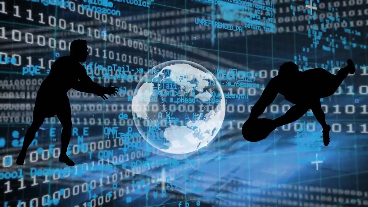 Animation of digital interface and rugby players over dark background