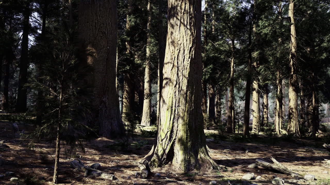 Exploring a serene forest with towering trees and soft natural light