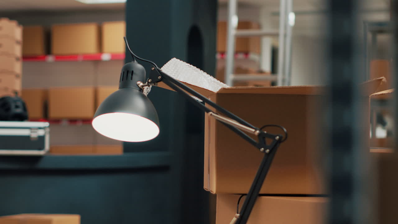 Warehouse Shelves with Boxes and Lamp