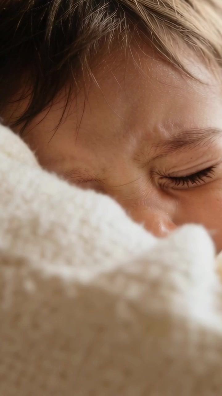 Video verticale: Bambino che piange, affondando il viso in una coperta color crema a casa, con la mano del genitore che lo consola.