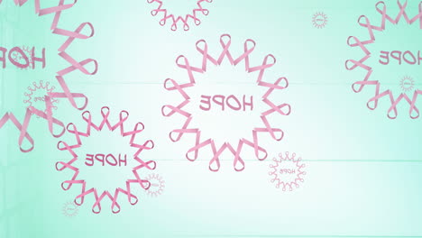 animation of multiple pink ribbon logo and hope text appearing on blue background