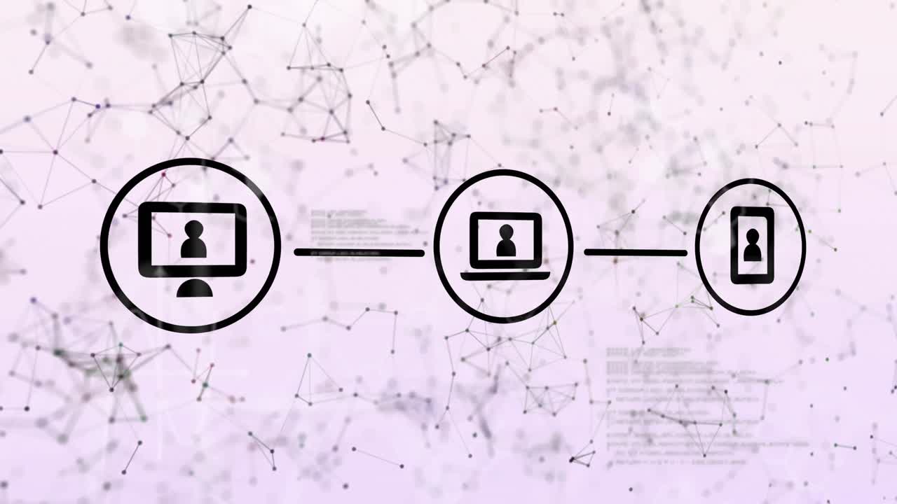 animación de iconos de medios de comunicación digital conectados y procesamiento de datos en lila