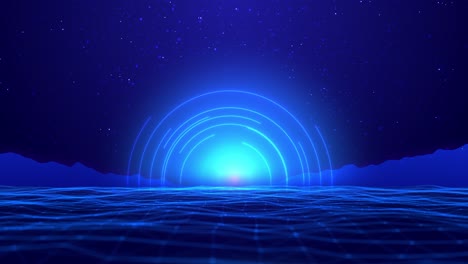 futuristic animation featuring neon blue semirings rising above glowing plexus waves creating