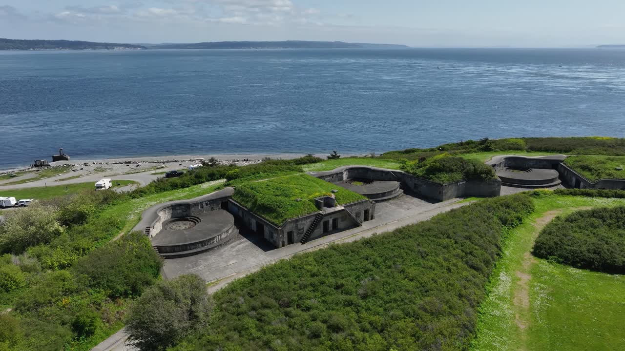 Drone shot over a retired military facility overlooking the Puget Sound.