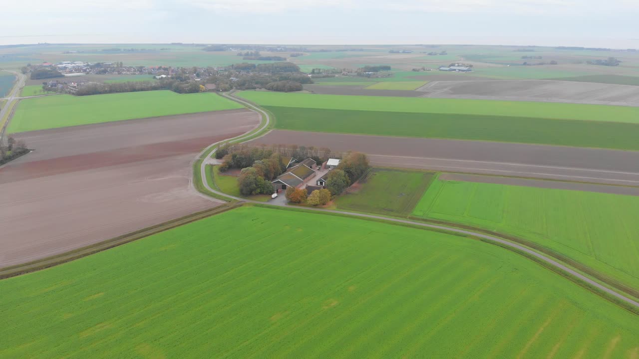 High drone shot above the grass green, brown, earthy farmlands and farmhouse of the Netherlands