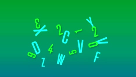 Digital-animation-of-changing-neon-numbers-and-alphabets-against-green-and-blue-gradient-background