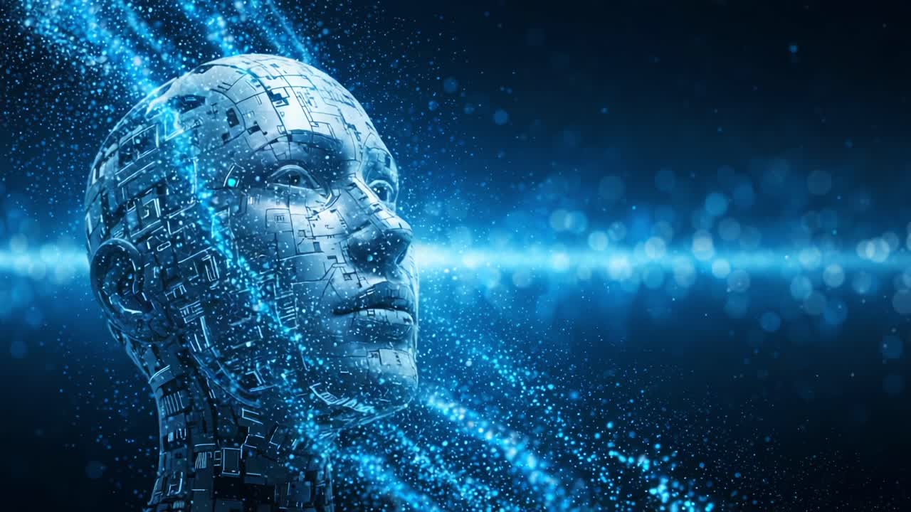 An AI's Journey: Exploring the Fusion of Technology and Humanity Through a Futuristic Cybernetic Head Embedding Complex Circuits in a Glowing Digital Landscape