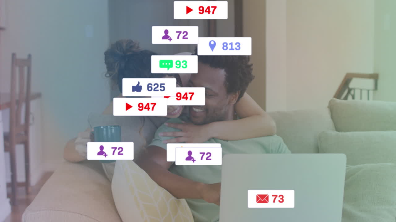 Relaxing on couch, couple surrounded by animation of social media notifications