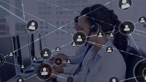 Animation-of-network-of-profile-icons-over-caucasian-woman-wearing-phone-headset-working-at-office