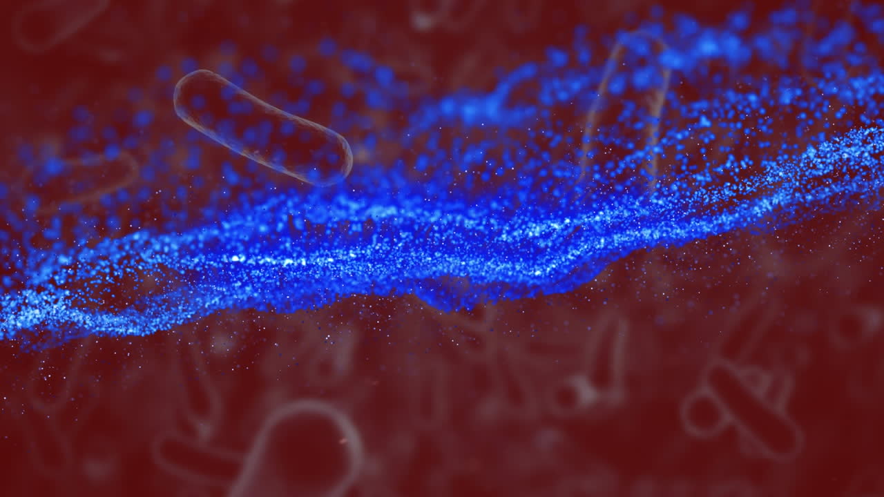 animación de rastros de luz azul y bacterias rojas o células de covid 19