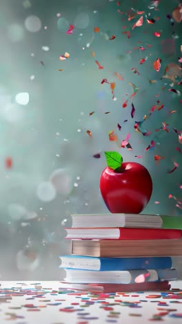 stack of books, crayons and apple on desk, confetti flying, back to school concept