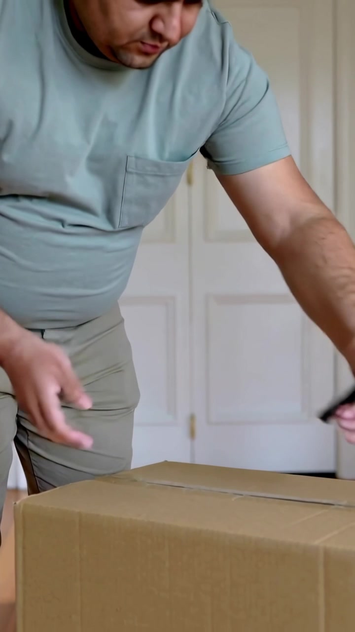 Verticale video: Scannende man in saliegroen T-shirt richt telefoon op doos thuis, raakt tape aan en bereidt zich voor om te openen.