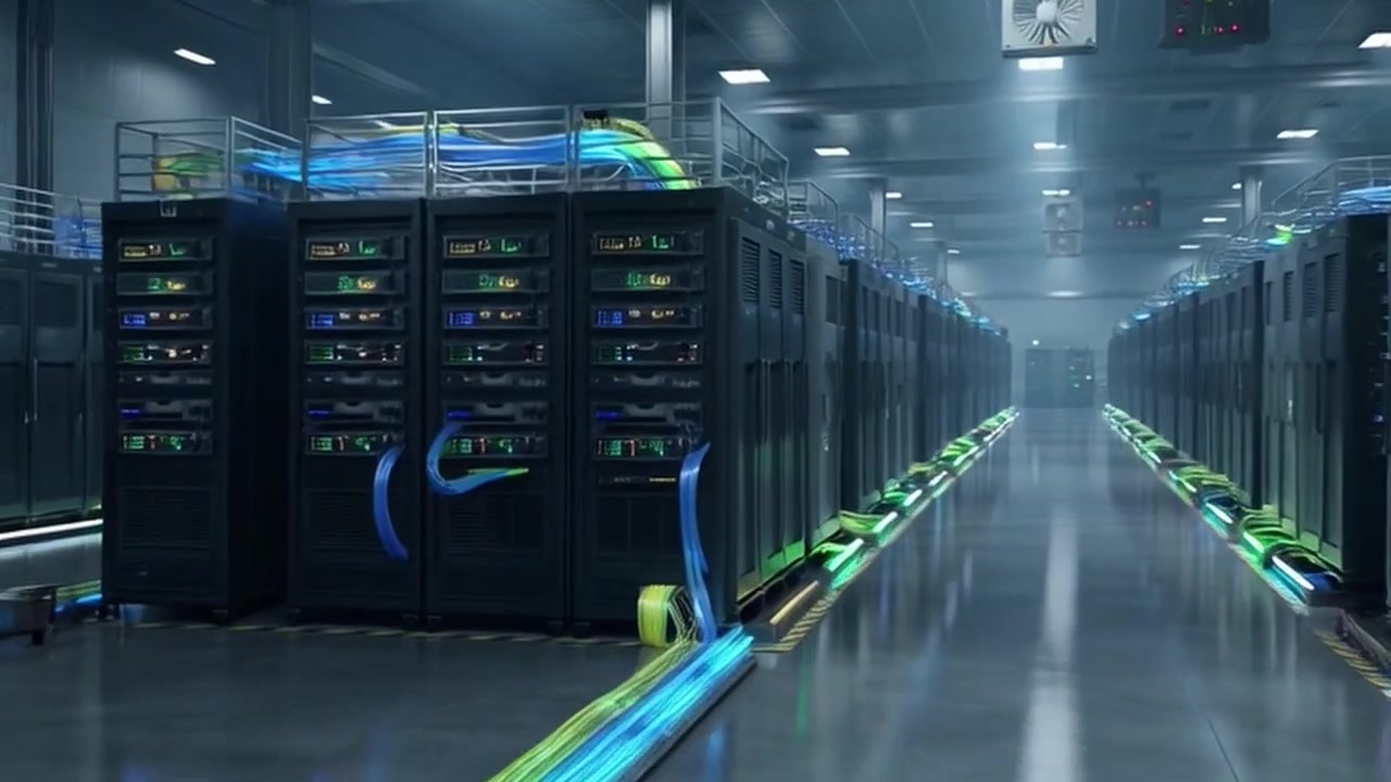 Dolly-skud bevæger sig gennem et moderne datacenter serverrum