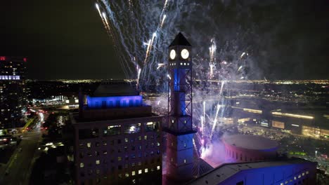 flying around mississauga clocktower on canada day firworks