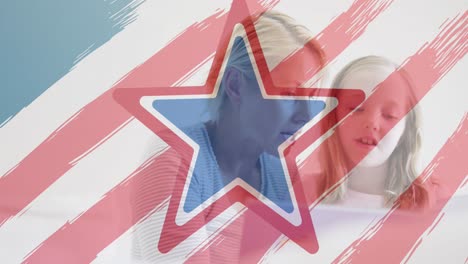 american flag design pattern and pulsating stars over caucasian mother and daughter using computer