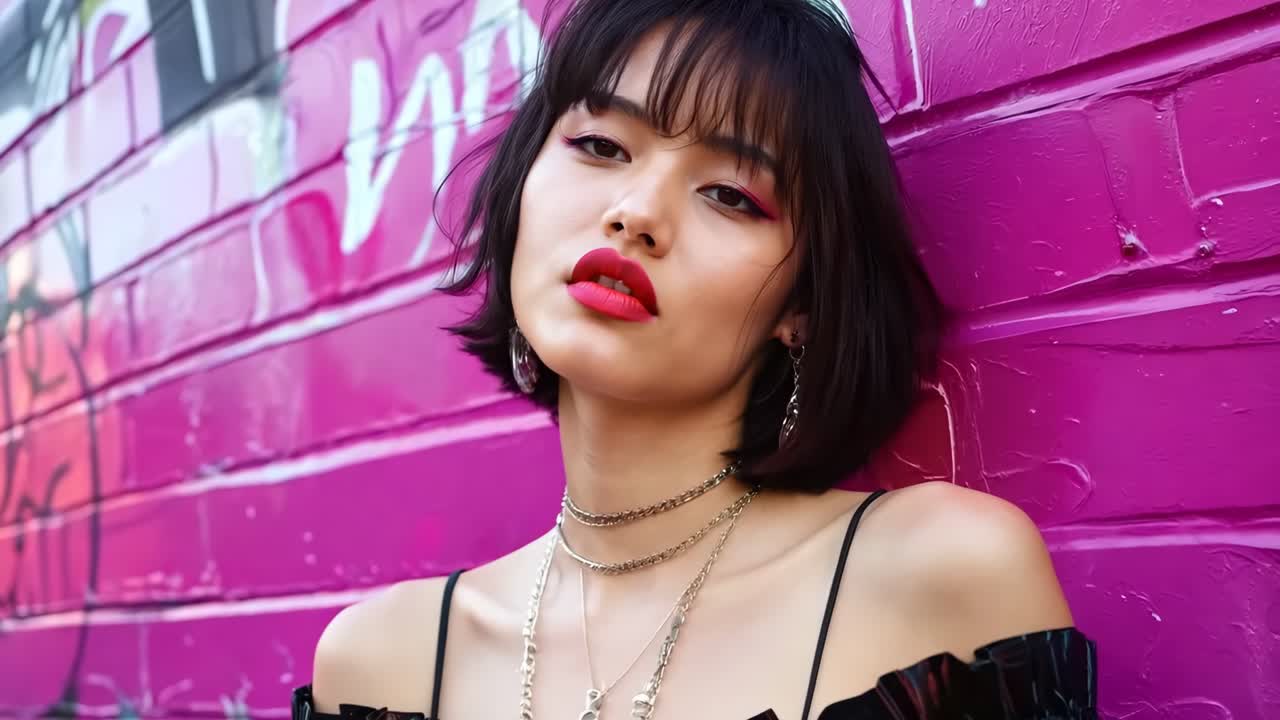 분홍색 벽 앞에 서 있는 여자