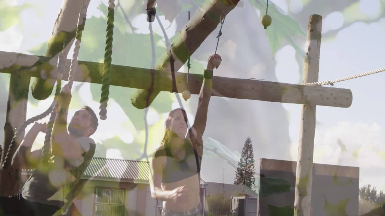 Climbing outdoor obstacle course, people engaging with nature animation overlay