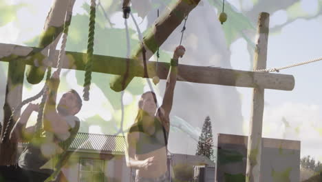 climbing outdoor obstacle course, people engaging with nature animation overlay