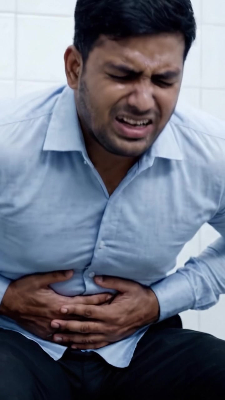 A man in distress experiences severe abdominal pain while sitting on a toilet, capturing a moment of discomfort and emotional struggle in a confined environment.