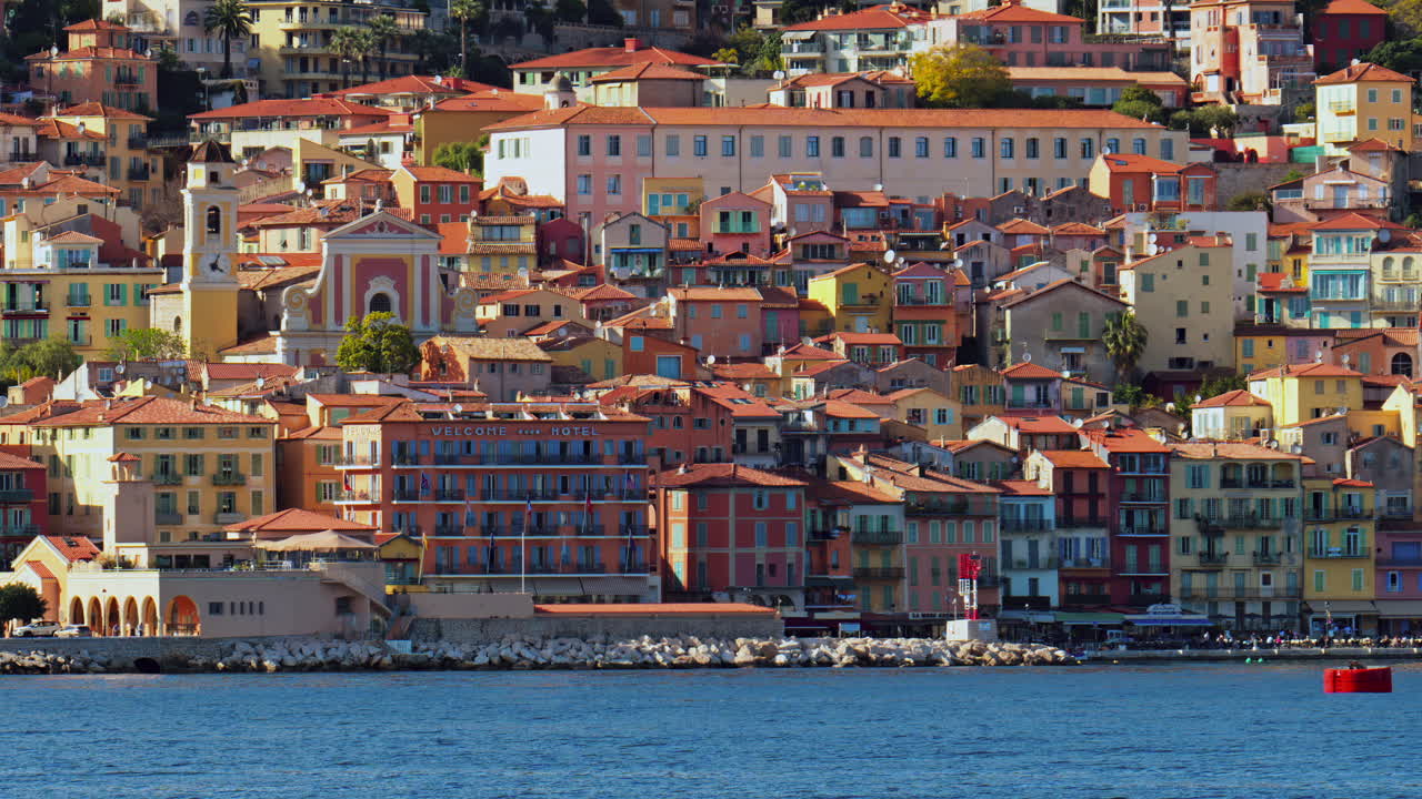 View of the colourful buildings of Villefranche sur Mer, France on the coast