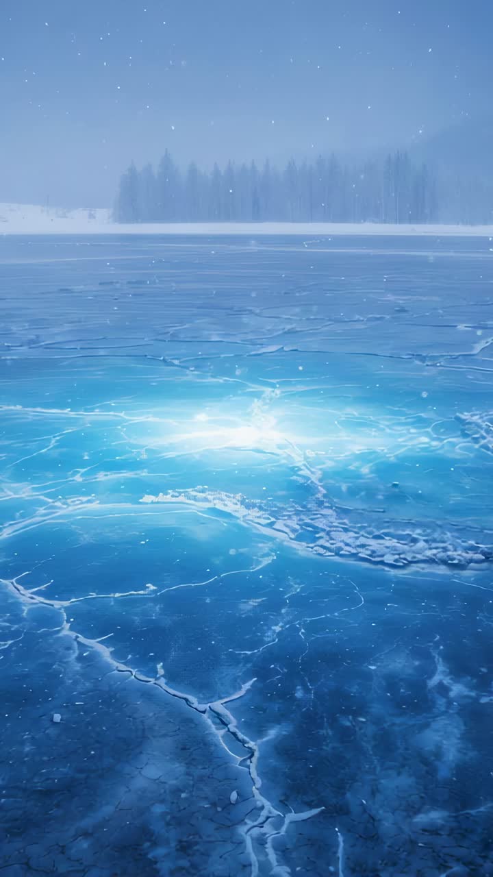 Vertical video: Pulsing glow over frozen lake brightening ice fissures at misty shore, falling snow