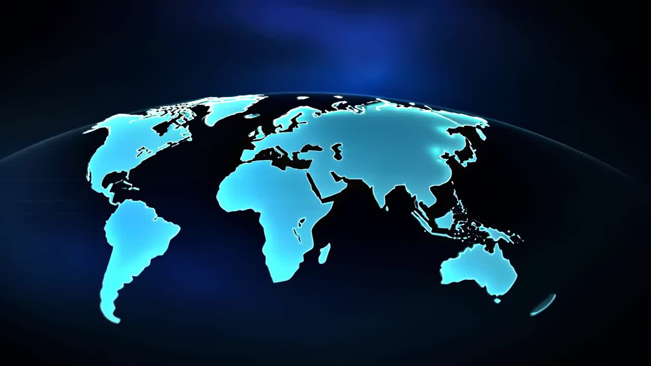 Futuristic video of a glowing world map from a low-angle view, highlighting continents in neon blue