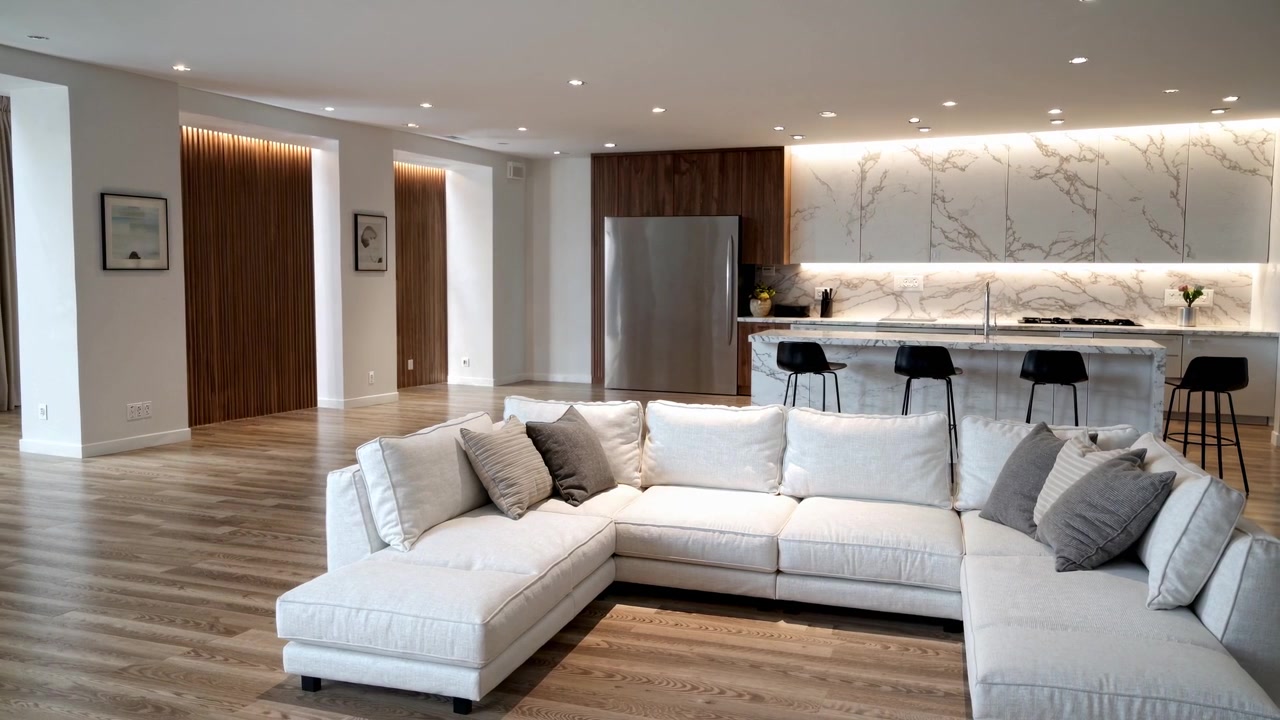 Interior moderno de sala de estar y cocina de concepto abierto