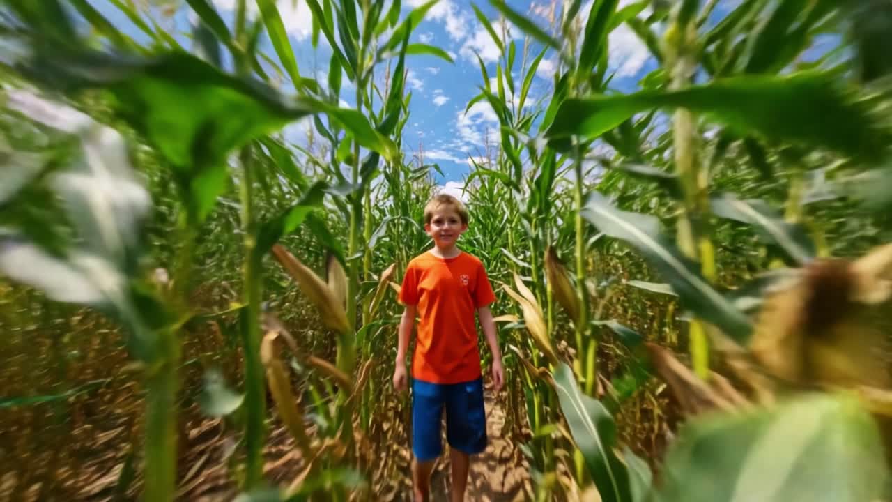 A Young Explorer Navigates Through a Vibrant Cornfield Under a Blue Sky in a Captivating Journey of Discovery and Adventure