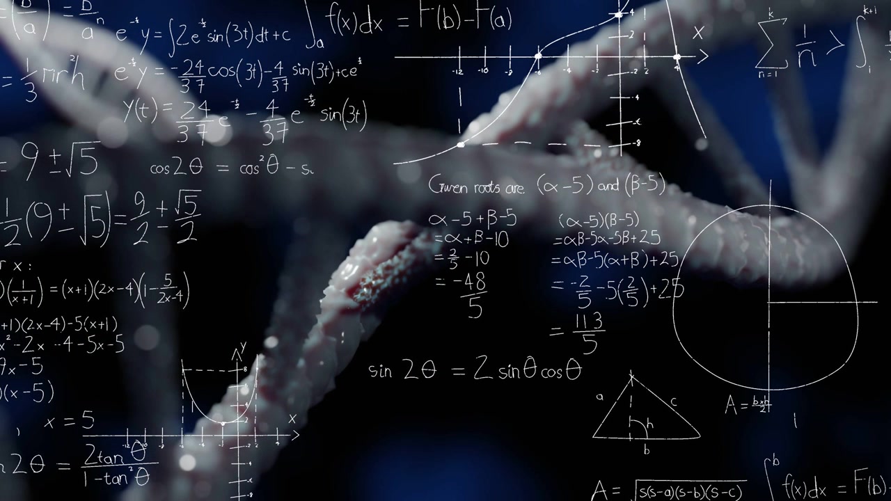 Focus shift starting camera sweep along DNA helix, drops glinting while math drawing to show form