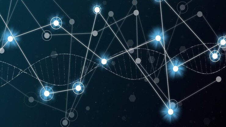 Animation of dna strand over network of connections with glowing spots
