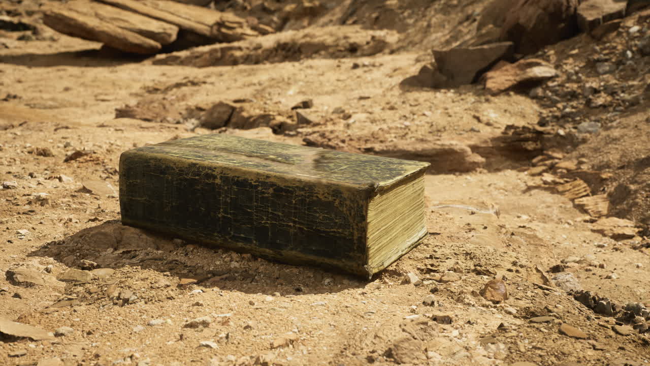 Old book resting on dry desert ground with rocks and sand in background