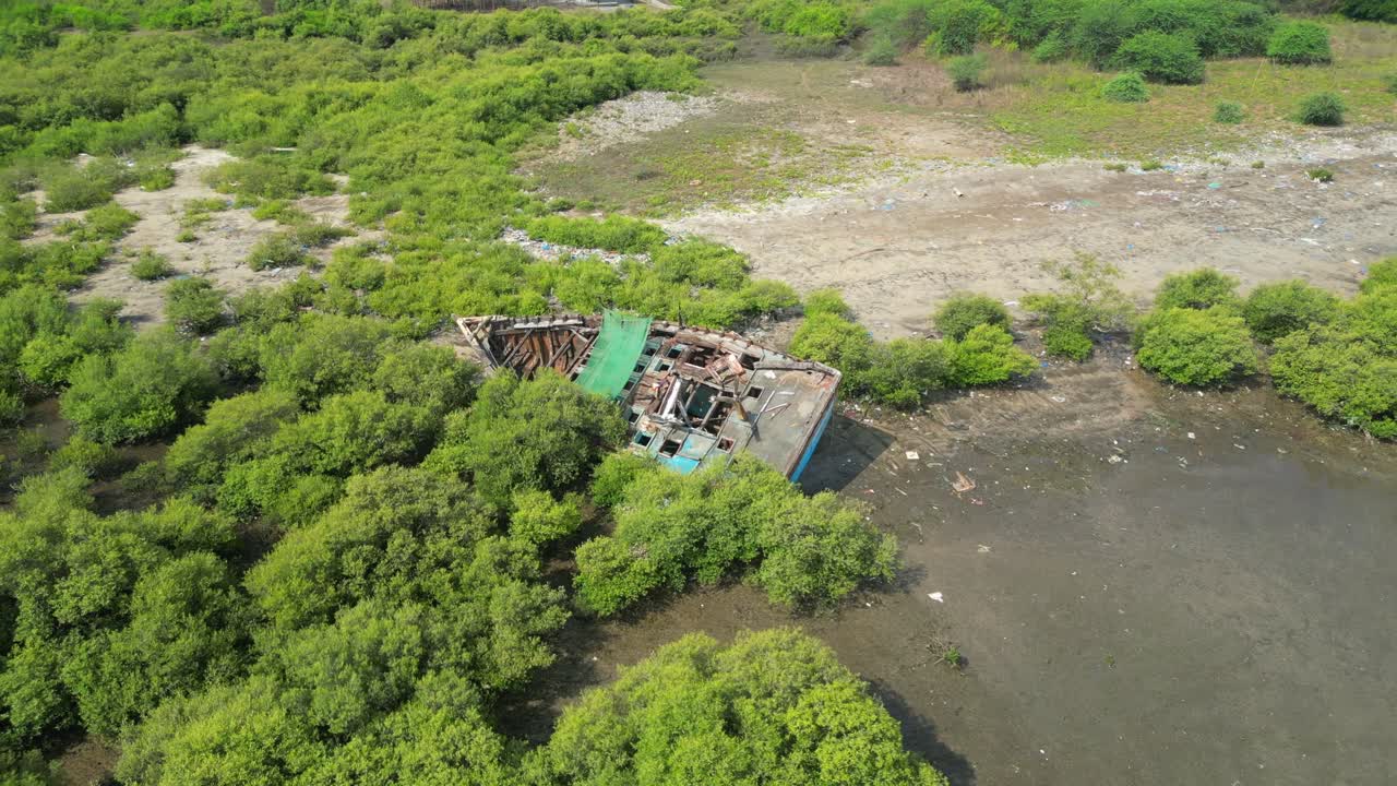 boat stuck in mangrove alibaug beach drone shot