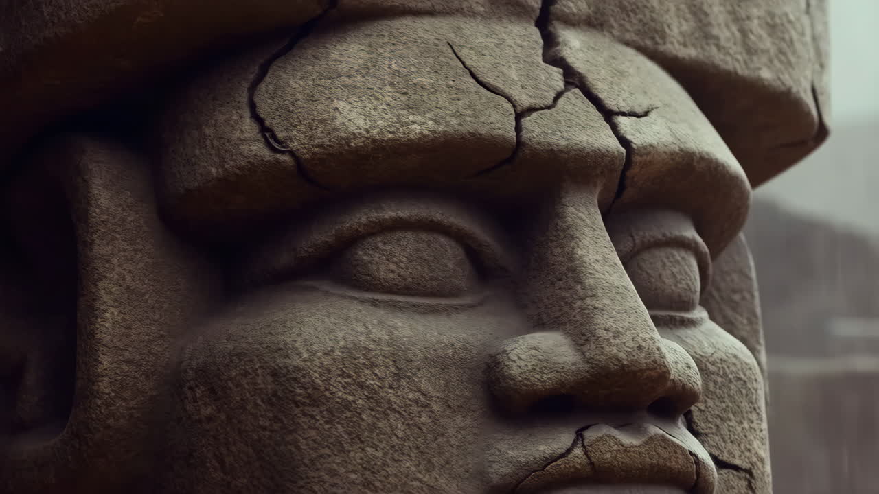 Ancient Stone Head Statue in Rain
