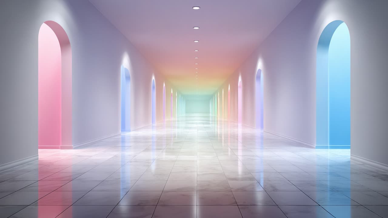 A Serene Passage Through Colorful Doorways: A Journey Between Two Ends of a Vibrant Hallway with Arching Doorways and a Polished Floor