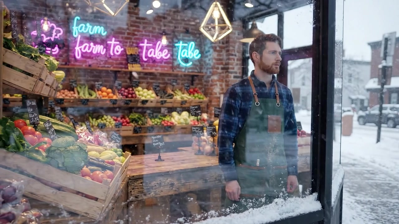 Ein gemütlicher Hofladen im Winter: Ein Blick auf frische Produkte durch das verschneite Fenster, der leuchtendes Obst und Gemüse präsentiert.
