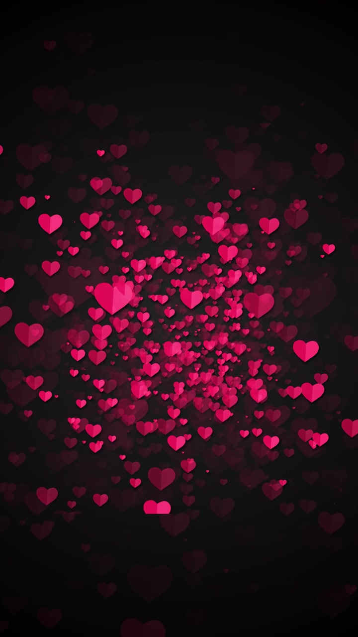 Sfondo romantico con cuori rosa, icone d'amore fluttuanti, spazio scuro, bagliore tenue, energia di celebrazione.