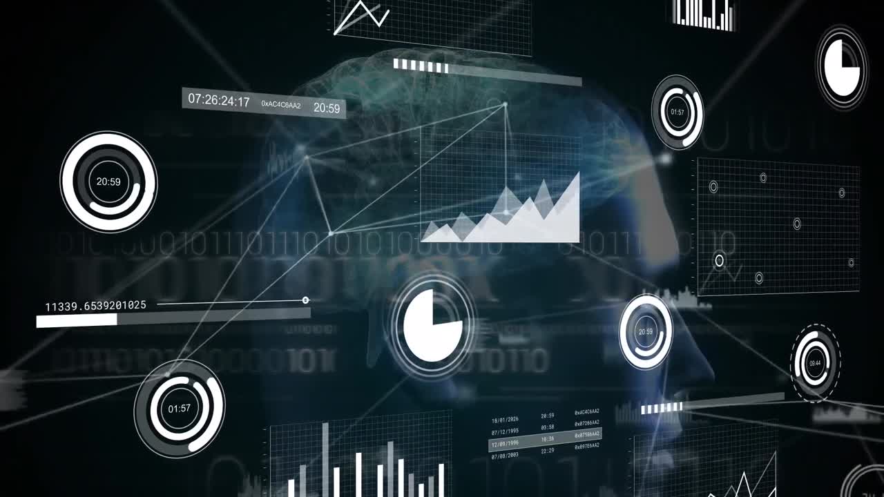 Animation of network of connections and interface with data processing over human head model