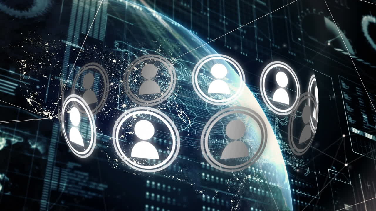 Animation of globe, digital icons and data processing on screens